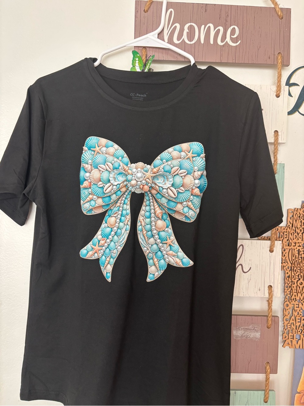 Girls' Black Tee with Turquoise & Coral Bow Graphic